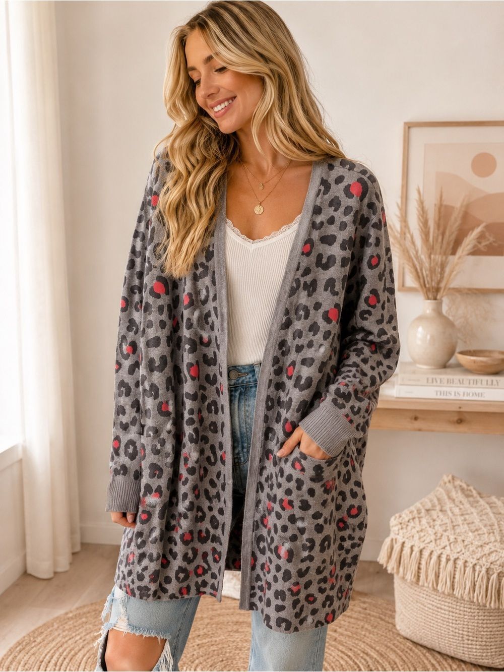 Sugarhill Brighton Grey Leopard Print Open-Front Cardigan with Orange Accents